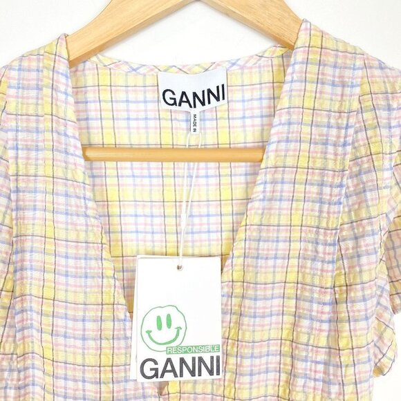 NWT GANNI Seersucker Check Print Wrap Dress in Multicolor Sz 34 / XS - Picture 8 of 13